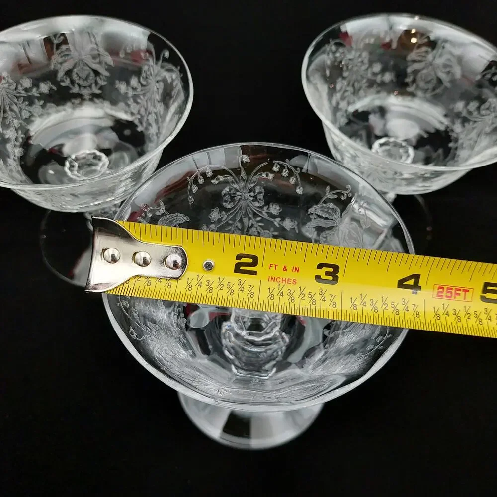Vintage Heisey Orchid Etched Crystal Low Sherbet Champagne Coupe Glasses Set 3